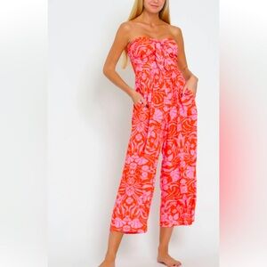 Aakaa Strapless Floral Wide-Leg Jumpsuit - Pink & Orange small
